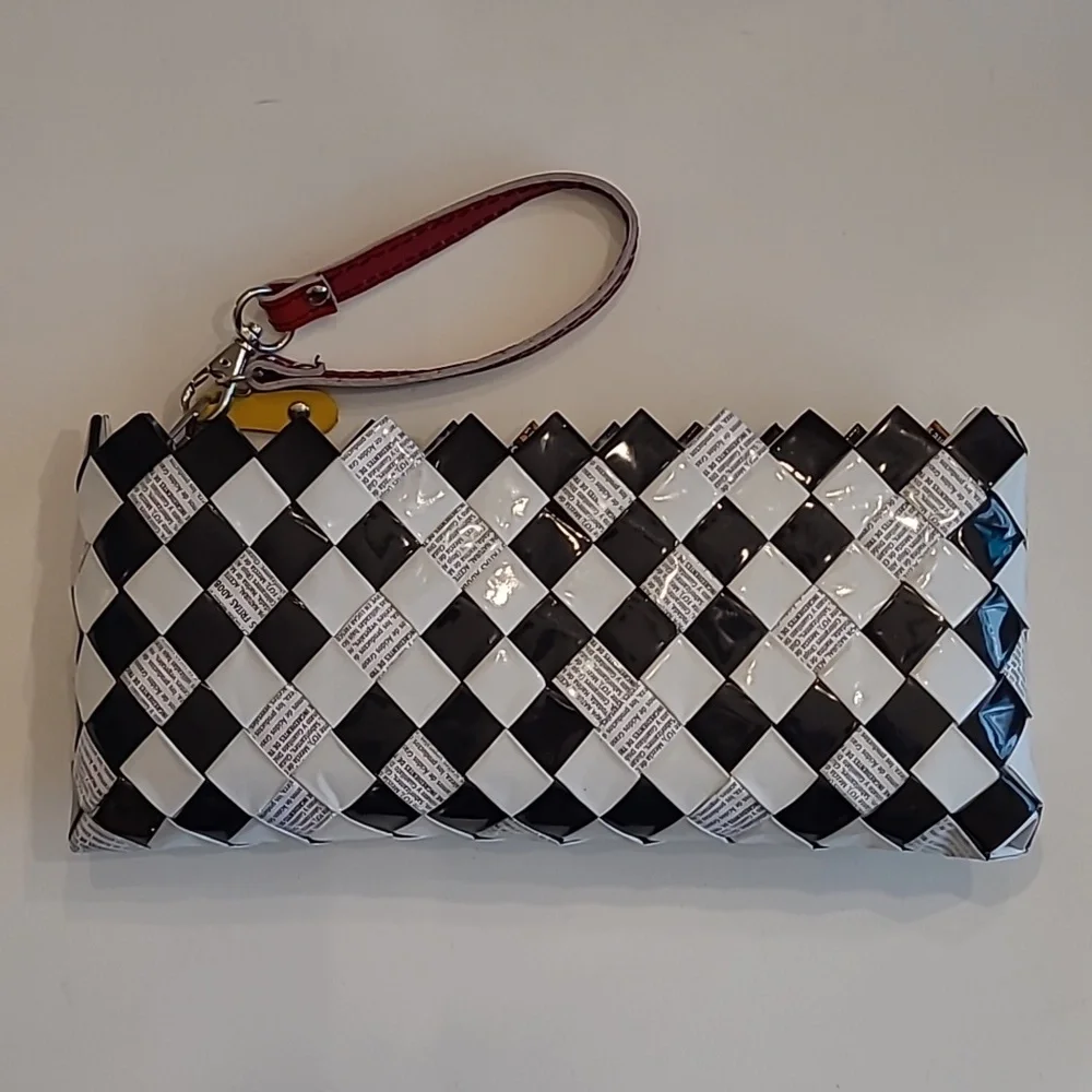 Nahui Olli Checkered Zip Top Wristlet Recycled Candy Wrapper Mini Bag